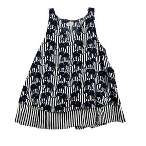 Crown & Ivy Elephant Stripe Sleeveless Top Navy White Layered Peplum Medium